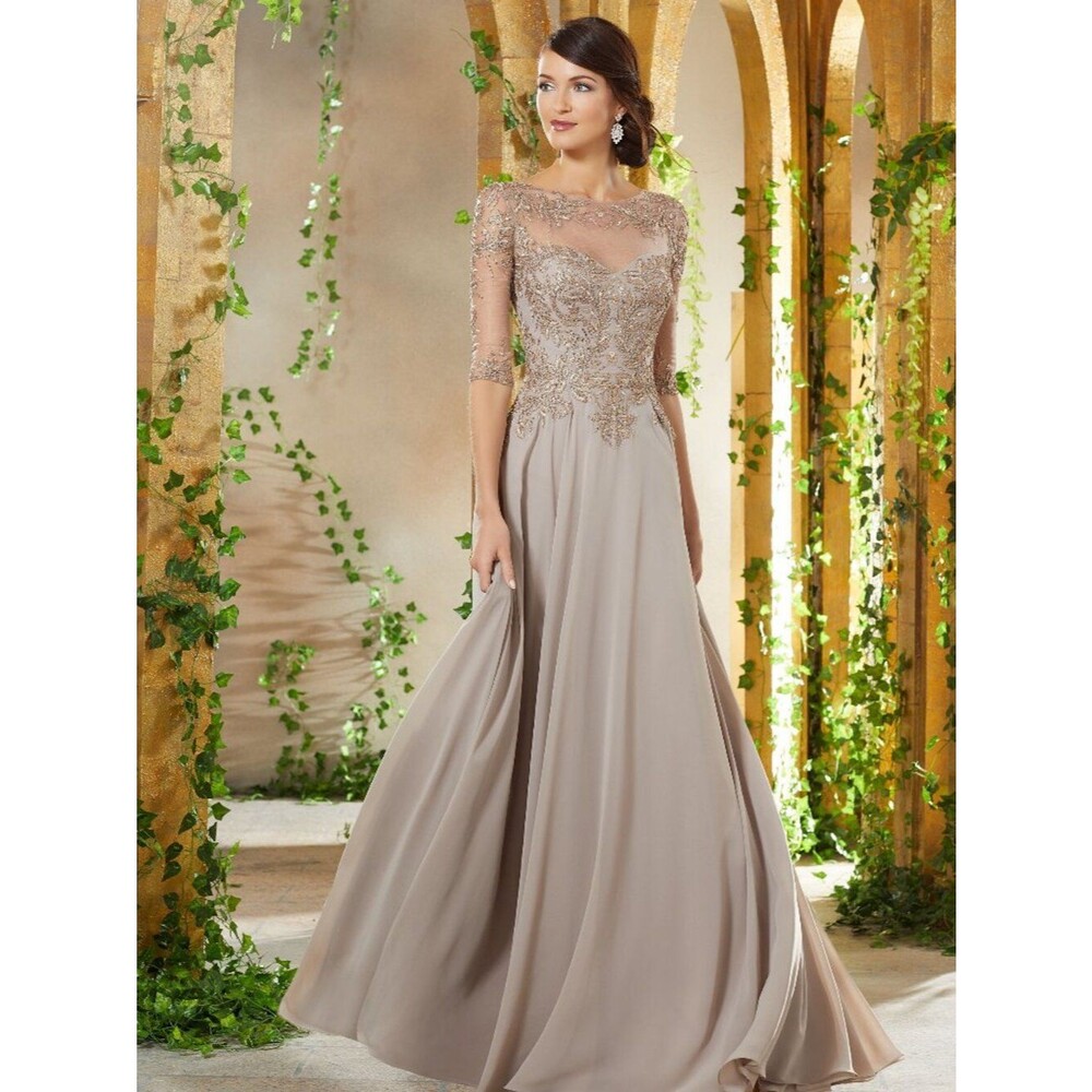 Taupe Mother of the Bride Gown Beaded Sleeve MGNY 71908